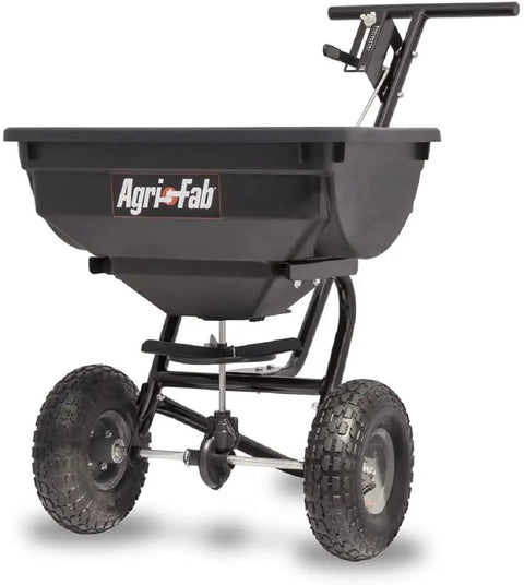 Pro Push Broadcast Spreader 85 Lb Capacity with Durable Plastic Hopper, corrosion-resistant for lawn care, side view