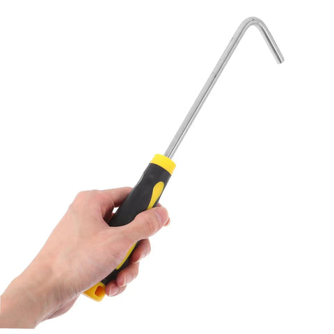 Hand holding a Multi Function Stainless Steel Roller Shutter Hook And Manhole Cover Lifter With Plush Rubber Grip.