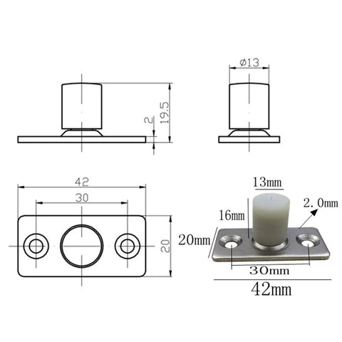 Two Piece Sliding Barn Door Roller Guide With Nylon Guide Wheels Floor Rail Roller System Heavy Duty Metal Hardware for easy installation, measurements shown