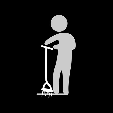 Person using 40 Inch Steel Tiller With Extra Long Handle For Easy Tilling And No More Knee Pain Or Back Strain, Six Arrow Tipped Tines Penetrate Tough Soil.