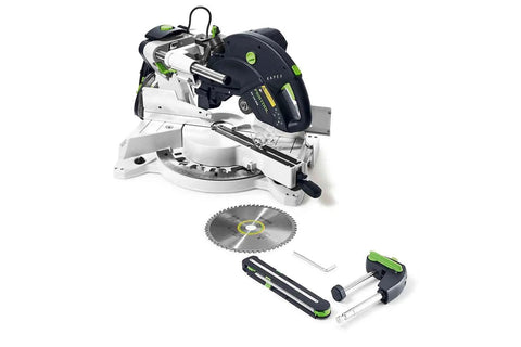 KAPEX KS 120 REB Sliding Compound Miter Saw With Rail Forward Design, showing components and cutting blade layout on white background.