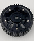 4G93 cam gear, black metal with external teeth, front view