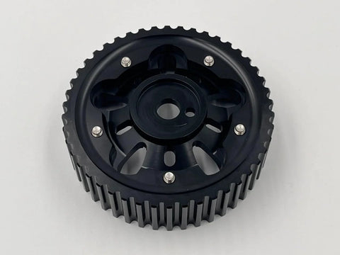 4G93 cam gear, black metal with external teeth, front view
