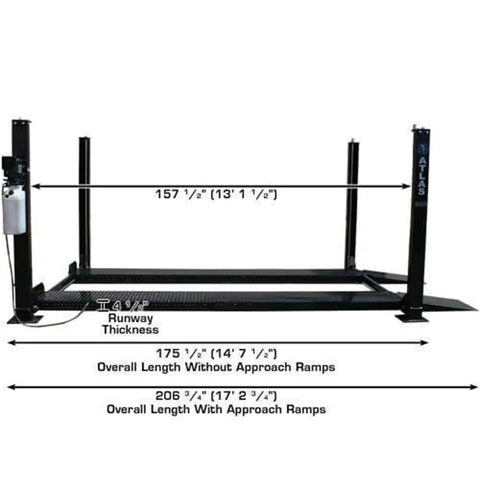 Heavy Duty Four Post Car Lift With Matching Sliding Jacks Black Powder Coated Steel Garage Auto Hoist System dimensions and measurements.
