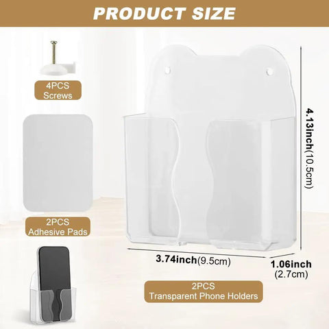 Two Pack Wall Mounted Phone Holder With Charging Hole Self Adhesive Clear Phone Cradle Bedside Organizer dimensions and parts