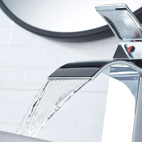 Vessel Sink Faucet Chrome Modern Tall Waterfall Style With Single Handle And One Hole Install For Vanity Bathroom RV Camper And Farmhouse Washroom