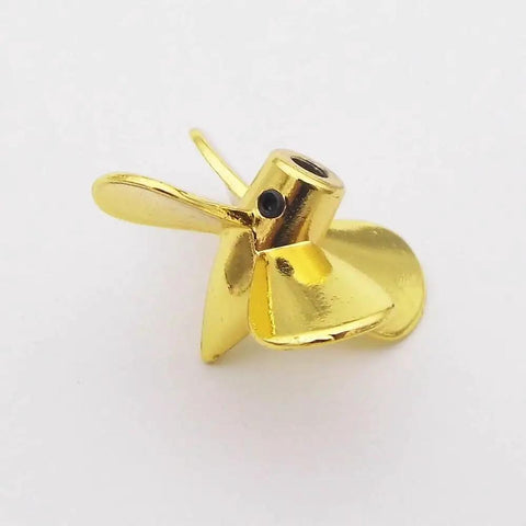 Four Blade Metal RC Boat Propeller 26mm Submerged with M3 Hub, 3mm Thread RH LH, zinc alloy gold plated, side view