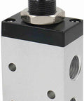4R210-08 Hand Lever Air Valve With Mufflers, 5 Way 2 Position Manual Pneumatic Control Valve, aluminum body, close-up view