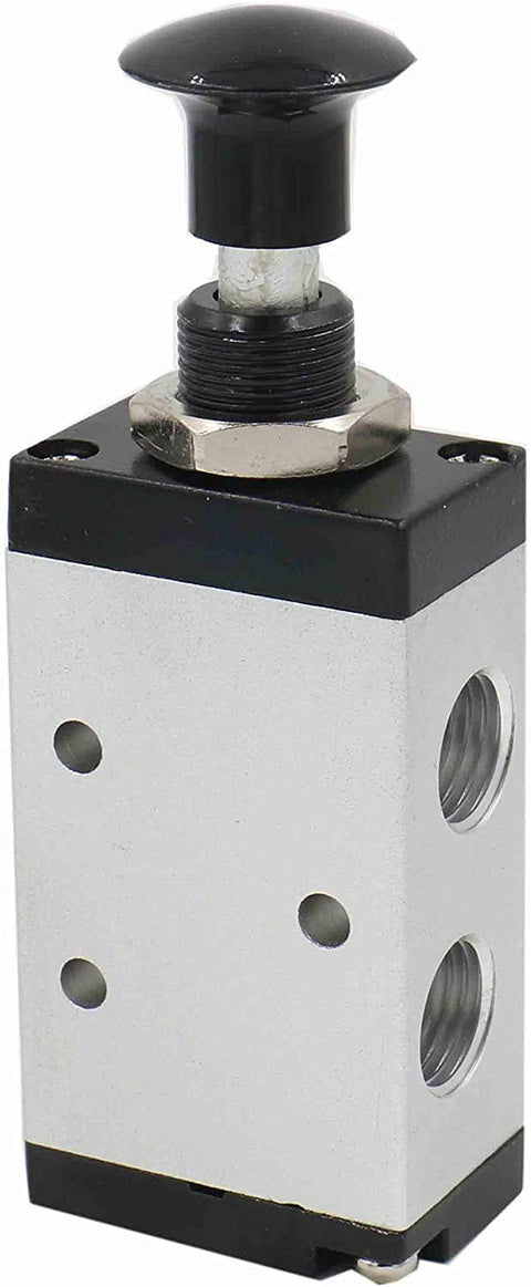 4R210-08 Hand Lever Air Valve With Mufflers, 5 Way 2 Position Manual Pneumatic Control Valve, aluminum body, close-up view