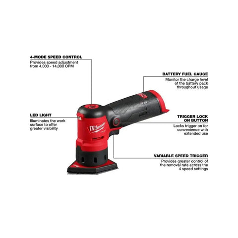 12 Volt Brushless Cordless Orbital Detail Sander Featuring Variable Speed Trigger And Integrated Led Light For No Sweat Sanding On Tight Edges Lightweight Powerhouse with LED light and speed controls