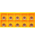 10 carbide inserts in yellow holder, part of 11 Piece RPMT08T2MOE R4 Indexable Carbide Milling Inserts With Five Eighth Inch Shank Holder