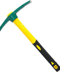 Heavy Duty Garden Pick Mattock Hoe With Forged Head And 15 Inch Shock Absorbing Rubber Handle Designed For Digging Weeding Prospecting Camping And General Yard Work This Durable Ergonomic Hand Tool Keeps You Comfortably In Control featured in green and yellow.