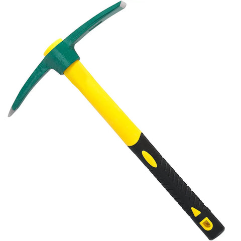 Heavy Duty Garden Pick Mattock Hoe With Forged Head And 15 Inch Shock Absorbing Rubber Handle Designed For Digging Weeding Prospecting Camping And General Yard Work This Durable Ergonomic Hand Tool Keeps You Comfortably In Control featured in green and yellow.