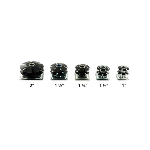 Five sizes of caster insert with focus on Double Star Threaded Caster Insert In Heat Treated Steel For One And One Quarter Inch Square Tubing