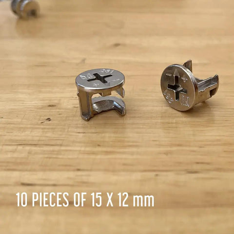 Top Notch Cam Lock Replacements With Flat Tops, 15 X 12mm Dimensions, 10 Piece Kit For Instant Cabinet And Dresser Drawer Fixes showing flat top cam locks.