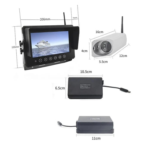 Heavy Duty Wireless 7 Inch Monitor Forklift Front View Camera With Bold Magnetic Mount And Massive 9600 Mah Power Bank with display and components.