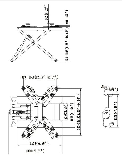Heavy Duty Workhorse 7000 Lbs Portable Mid Rise Scissor Car Lift 110V Electric Hydraulic Garage Essential dimensions diagram top and side view.