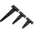 Three sizes of Beefy Heavy Duty Metal Door Hinges Set Ten Pack 3/4/6 Inch Gate Strap Hinges T Shape shown on white background