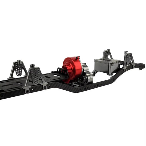 RC Car Chassis Frame For SCX10 1/10 Crawler Model With 313mm Wheelbase Metal Body Durable Alloy Frame Includes Transmission Gearbox Kit And Protective Shell For Tough Off Road Runs featuring metal structure and transmission details.