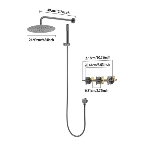 Shower System 10 Inch Wall Mounted Rainfall Set with Handheld Spray, dimensions displayed on sleek gray design.