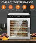 No Sweat 10 Tier Electric Food Dehydrator With Stainless Steel Shelves And Simple Digital Controls For Churning Out Savory Jerky Dried Fruits And Fresh Herbs While Running Like A Dream, showing LED lights and multiple trays.