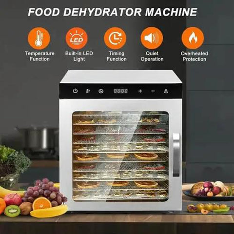 Heavy Duty 10 Tray Electric Food Dehydrator With Stainless Steel Rack And Digital Timer Kitchen Workhorse with fruits drying.