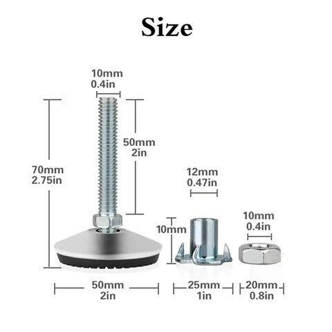 Beefy Heavy Duty Adjustable Swivel Leveling Feet Set With T Nut Bolt M8 And M10 4 Pack 50xM8x50mm Easy Install Height Range 0.75 To 1.5 Inches For Stable Furniture And Machinery. 50mm M10 leveling foot with T nut and bolt size diagram