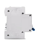 Rigged Tough Dual Power Manual Transfer Switch Pair Matched With Pro Level Arc Fault Circuit Breaker side view with detailed markings.
