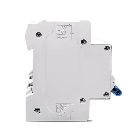 Rigged Tough Dual Power Manual Transfer Switch Pair Matched With Pro Level Arc Fault Circuit Breaker side view with detailed markings.