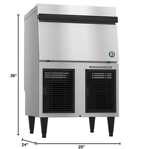 Straight-Up Commercial Cublet Flaker Ice Machine With Spacious Cube Bin, front view showcasing stainless steel design and dimensions.