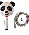Panda-shaped handheld sprayer with hose from Drill-Free Adjustable Height Shower Bar Kit With 5-Function Rainfall Shower Head.