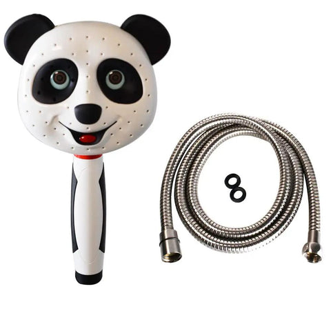 Panda-shaped handheld sprayer with hose from Drill-Free Adjustable Height Shower Bar Kit With 5-Function Rainfall Shower Head.