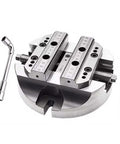 No Sweat 5 Axis Self Centering Round Vise For Heavy Duty Cnc Milling Featuring Rock Solid Zero Point Plate Interface and Game Changing 110 Mm Clamping Range with steel jaws and a wrench.