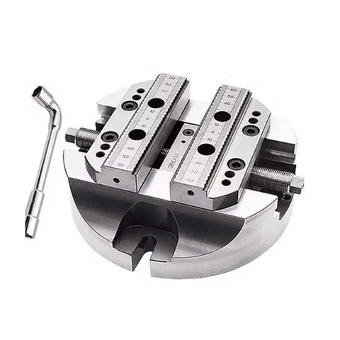 No Sweat 5 Axis Self Centering Round Vise For Heavy Duty Cnc Milling Featuring Rock Solid Zero Point Plate Interface and Game Changing 110 Mm Clamping Range with steel jaws and a wrench.