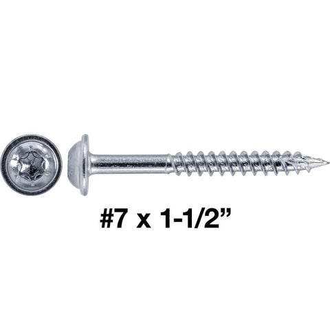 Size 7 By 1/2 Inches Fine Thread Pocket Hole Screws With T20 Torx Star Drive Zinc Finish For Cabinet And Furniture Building Dead Nuts Tight Workhorse Fasteners In Five Pound Bulk Box, close-up of screw.