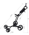 Game Changing Foldable Four Wheel Golf Push Cart With Quick Collapse Frame and dimensions visible, showcasing compact design.