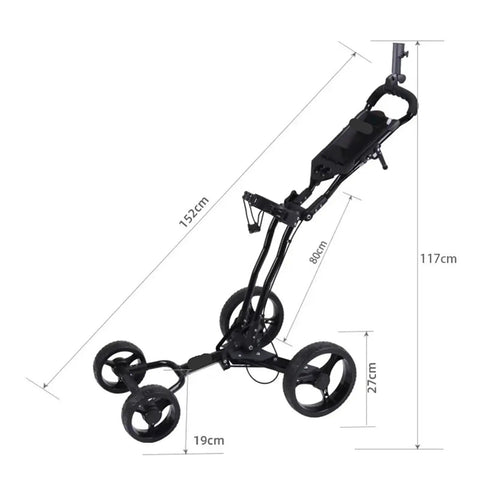 Game Changing Foldable Four Wheel Golf Push Cart With Quick Collapse Frame and dimensions visible, showcasing compact design.