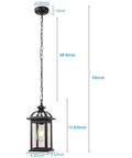 Weatherproof Outdoor Pendant Lantern In Black With Seeded Glass, Durable Aluminum Construction For Porch, Patio Or Entryway, Rust Proof And IP65 Rated, Shock Resistant, Thermally Stable, No Fuss Maintenance, 13.6 Inch Tall Hanging Light, 1 Pack with size dimensions displayed