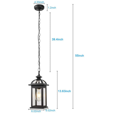 Weatherproof Outdoor Pendant Lantern In Black With Seeded Glass, Durable Aluminum Construction For Porch, Patio Or Entryway, Rust Proof And IP65 Rated, Shock Resistant, Thermally Stable, No Fuss Maintenance, 13.6 Inch Tall Hanging Light, 1 Pack with size dimensions displayed