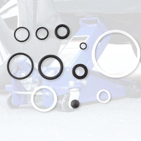 3 Ton Hydraulic Floor Jack Seal Kit 17Pcs O Ring Oil Filler Plug Replacement Seals displayed with floor jack