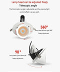 Nine Piece Adjustable Gimbal Eyeball Led Recessed Downlight Kit With Quick Swap Color Knobs And Heavy Duty Aluminum Build showing adjustable lamp head angles.