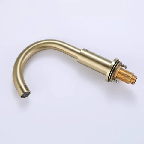 Curved spout for Brushed Gold Widespread Bathroom Faucet For 8 Inch Sinks Brass Deck Mounted Tap 3 Hole 2 Handle 360 Degree Swivel Spout Drip Free