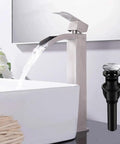Modern Vessel Sink Faucet In Brushed Nickel Tall Waterfall Style Bathroom Mixer Single Handle With Pop Up Drain And Three Eighths Inch Hoses Clean Minimalist Look For Contemporary Bathrooms showing water flow and drain