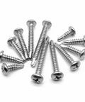 Heavy Duty 100 Pack 8 X Half Inch 410 Stainless Steel Pan Head Self Tapping Screws With Phillips Drive arranged on white background.