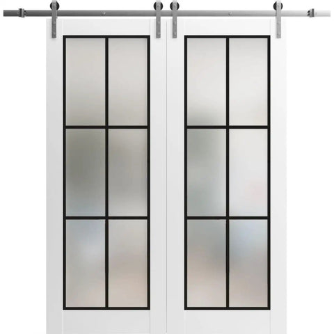 Beefy Double Barn Door With Frosted Glass Sliding System For Interiors, Heavy Duty 84 By 96 Inch Panels, front view