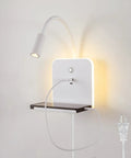 Plug-in & Hardwired LED Wall Sconce, Dimmable Wall Mount Reading Light with USB A & Type C Charging Ports, Flexible Gooseneck, Storage Shelf & Ambient Backlight, Matte White for Bedroom Bedside Hotel with light on.