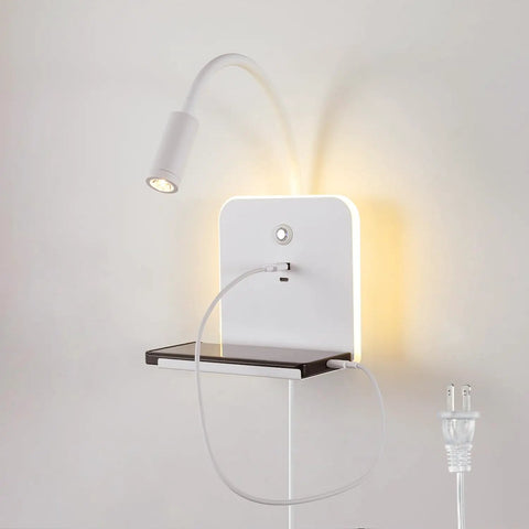 Plug-in & Hardwired LED Wall Sconce, Dimmable Wall Mount Reading Light with USB A & Type C Charging Ports, Flexible Gooseneck, Storage Shelf & Ambient Backlight, Matte White for Bedroom Bedside Hotel with light on.