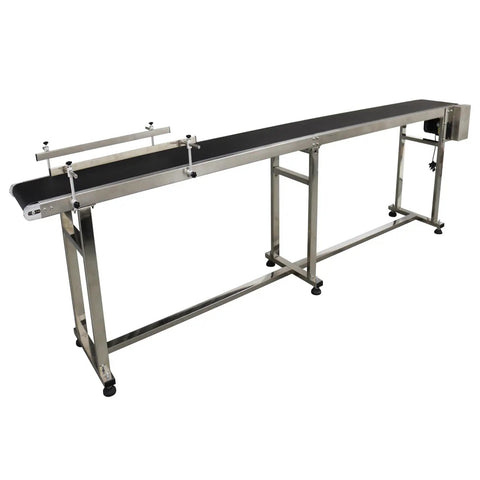 Industrial 110V PVC Belt Conveyor With Double Guardrail 118 Inch Length Seven Point Eight Inch Belt Width Flat Belt Systems