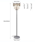 Mini European Crystal Floor Lamp With Sleek Chrome Finish Three Light Bars standing in a room, dimensions shown.