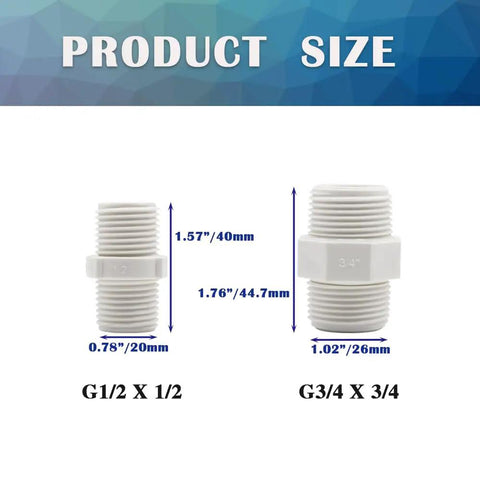 Size comparison of 12 Pack 3/4 Inch PVC Pipe Fittings Hex Nipple G3/4 Male X G3/4 Male Coupling Adapters for Plumbing
